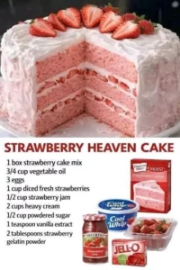 Best Strawberry Heaven Cake topped with fresh strawberries and whipped cream