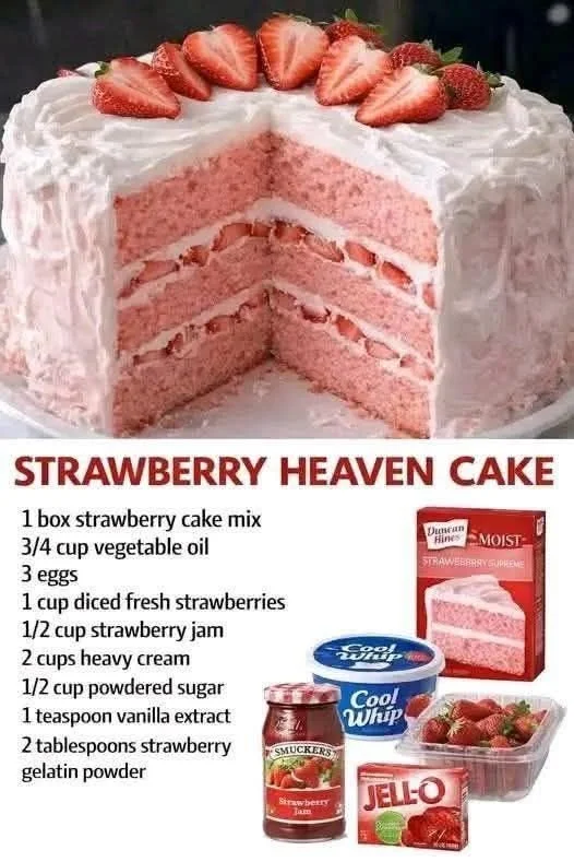Best Strawberry Heaven Cake topped with fresh strawberries and whipped cream