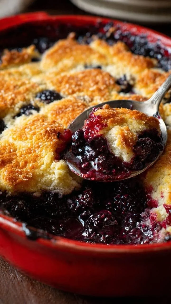 Delicious homemade blackberry cobbler with fresh berries and golden crust