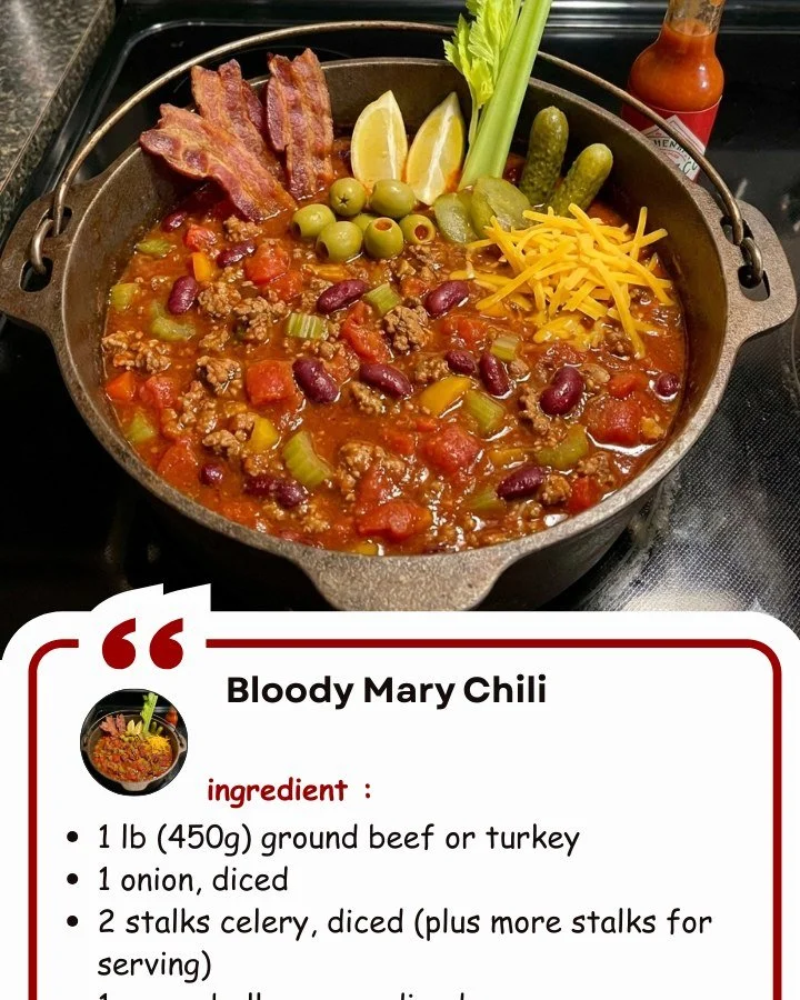 Bowl of Bloody Mary Chili garnished with celery and olives