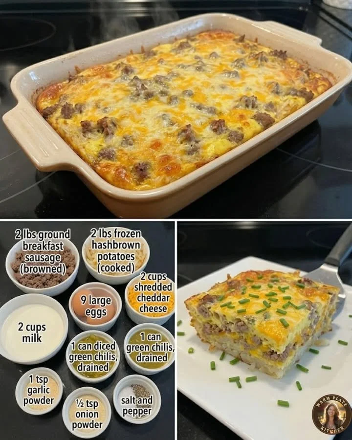 Delicious breakfast casserole topped with cheese and vegetables in a baking dish.