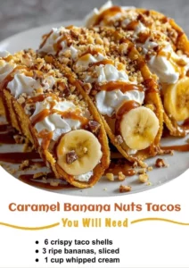 Delicious caramel banana nuts tacos served on a plate