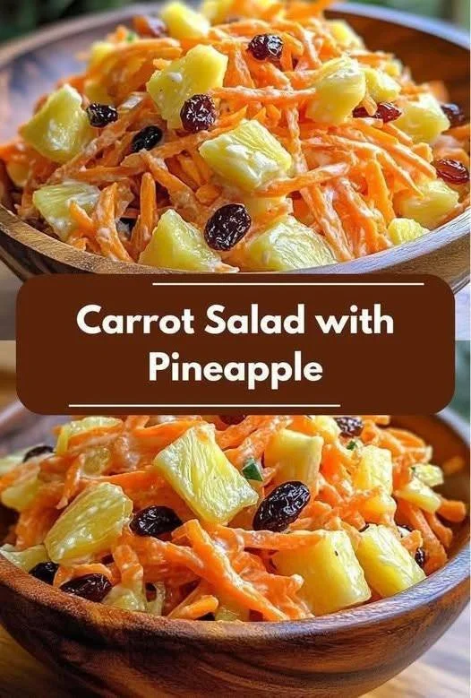 Carrot Salad with Pineapple and Raisins garnished with herbs