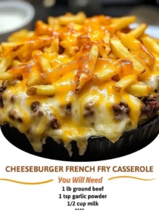 Cheeseburger casserole with French fries, a delicious baked dish for the family.