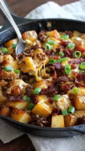Cheeseburger potato skillet with melted cheese, beef, and potatoes in a pan.