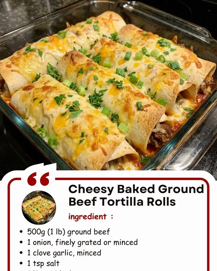 Cheesy baked beef rolls with ground beef and tortillas fresh from the oven