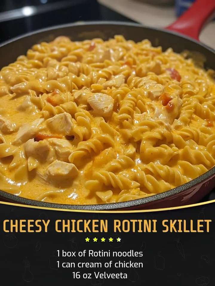 Cheesy Chicken Rotini Skillet served in a skillet with fresh herbs