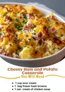 Cheesy ham and potato casserole baked to golden perfection.