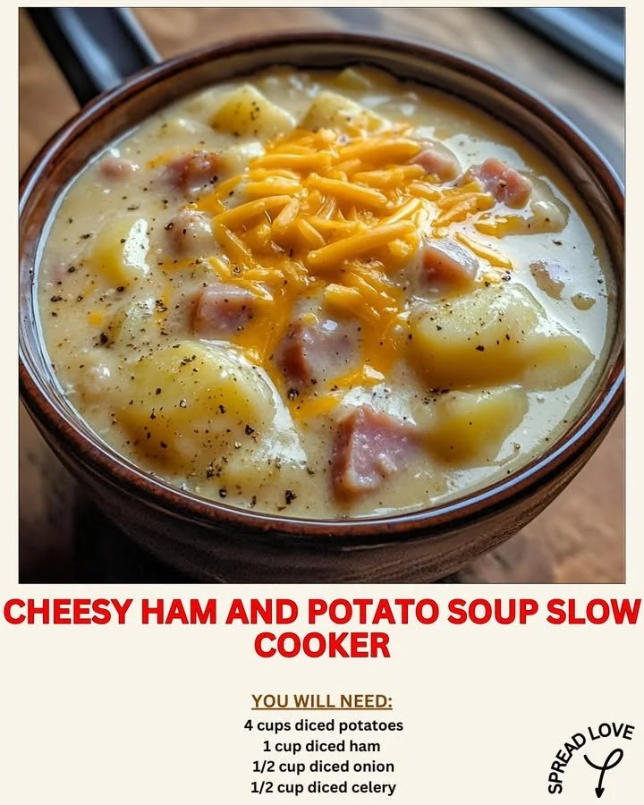 Bowl of cheesy ham and potato soup topped with herbs