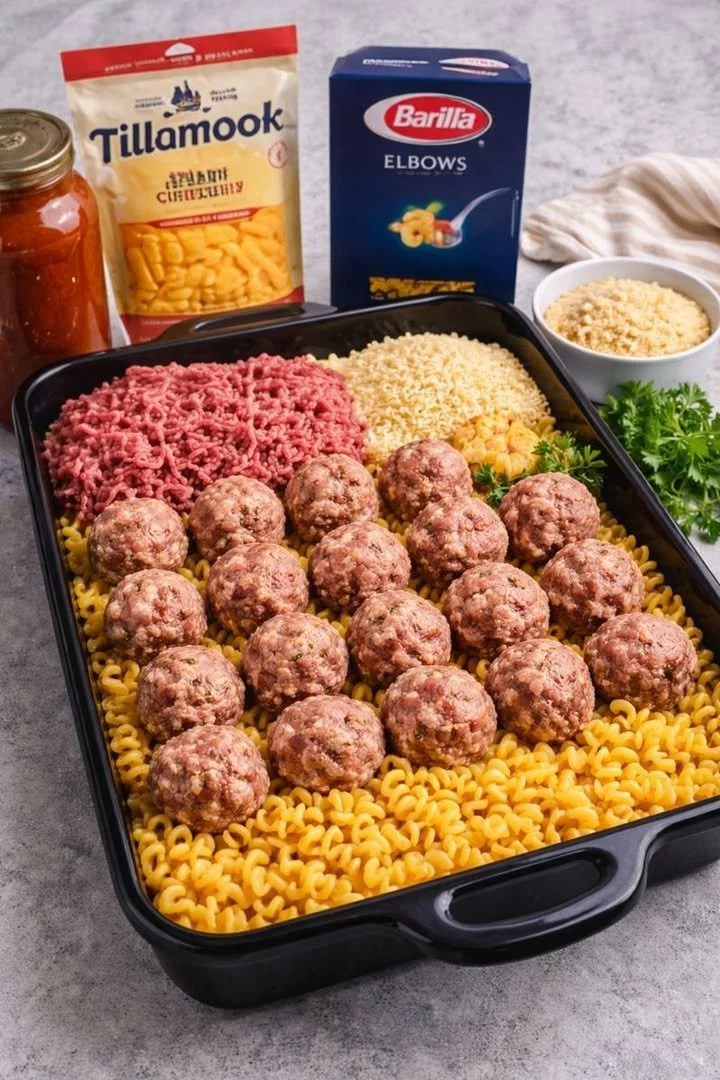 Cheesy Meatball Pasta Bake topped with melted cheese and garnished with herbs.