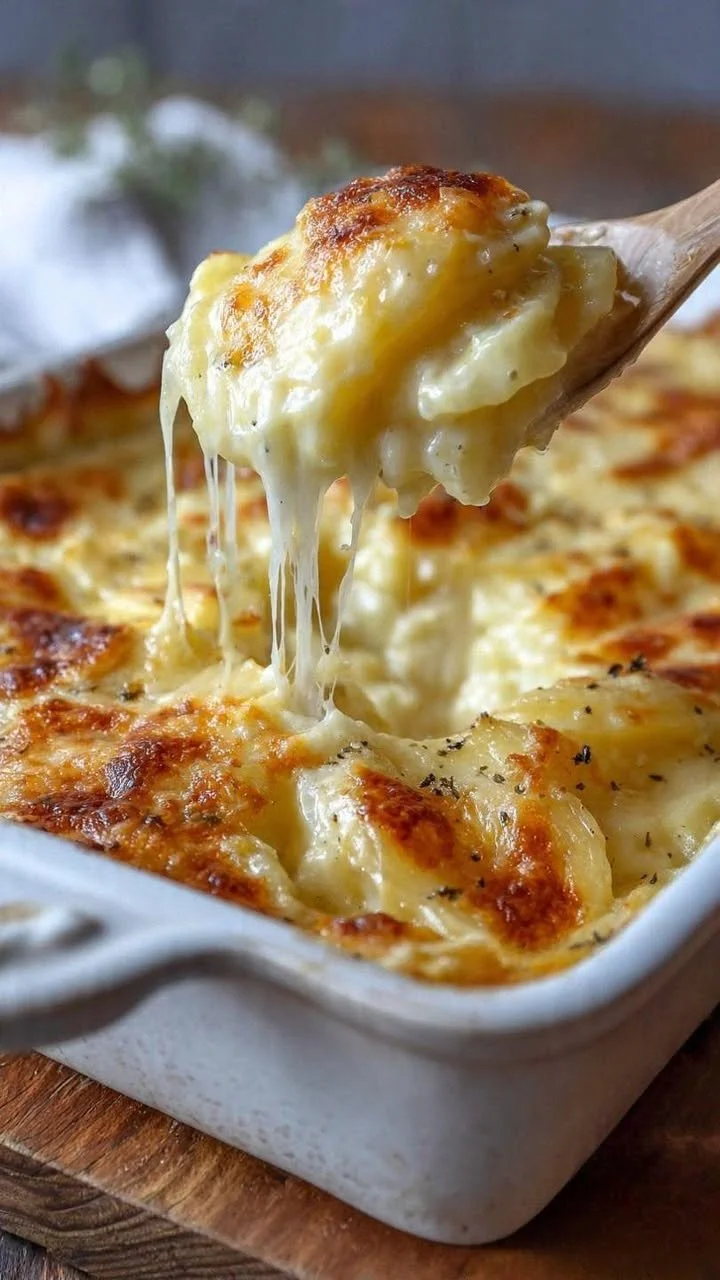 Delicious cheesy potato casserole topped with melted cheese and herbs