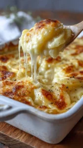 Cheesy Potato Casserole topped with melted cheese in a baking dish