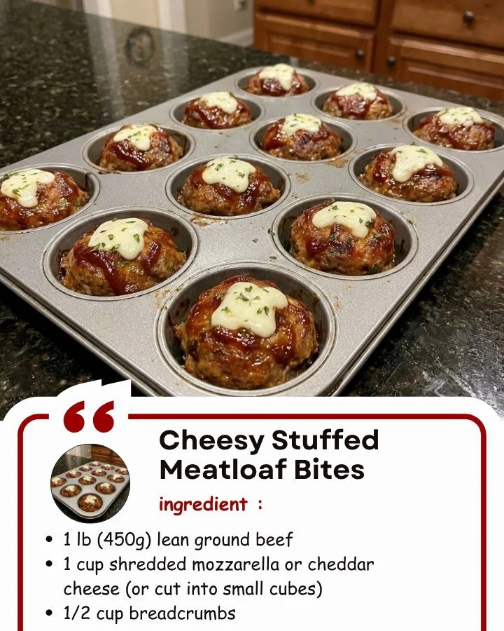 Cheesy stuffed meatloaf bites on a plate, garnished and ready to enjoy.