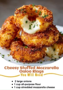 Cheesy stuffed mozzarella onion rings on a plate, golden and crispy.