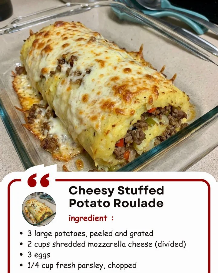 Cheesy stuffed potato roulade garnished with herbs, showcasing a delicious filling.