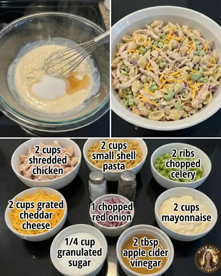 Delicious chicken pasta salad with fresh vegetables and dressing