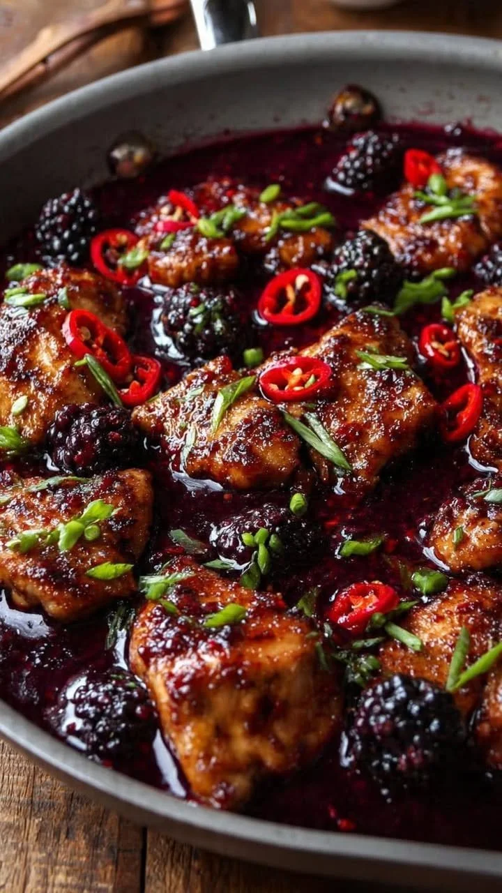 Delicious chicken served with spicy blackberry heat sauce on a plate.