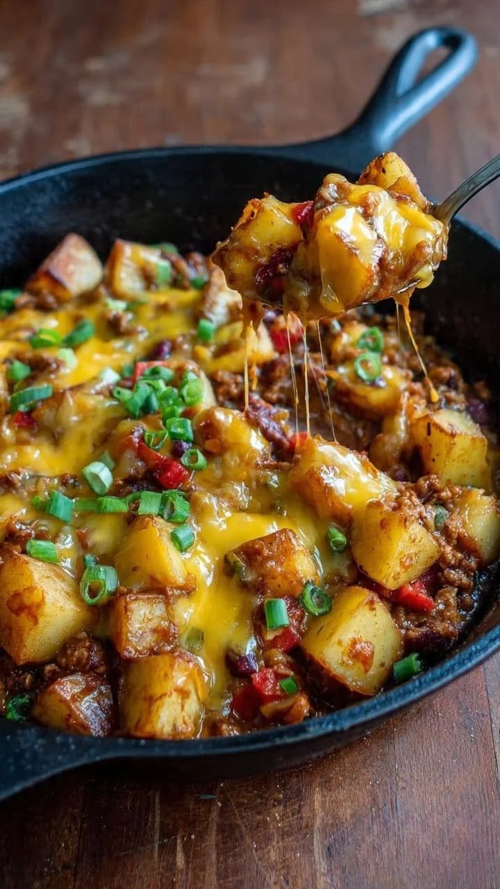 Delicious Chili Cheese Potato Skillet topped with melted cheese and chili.