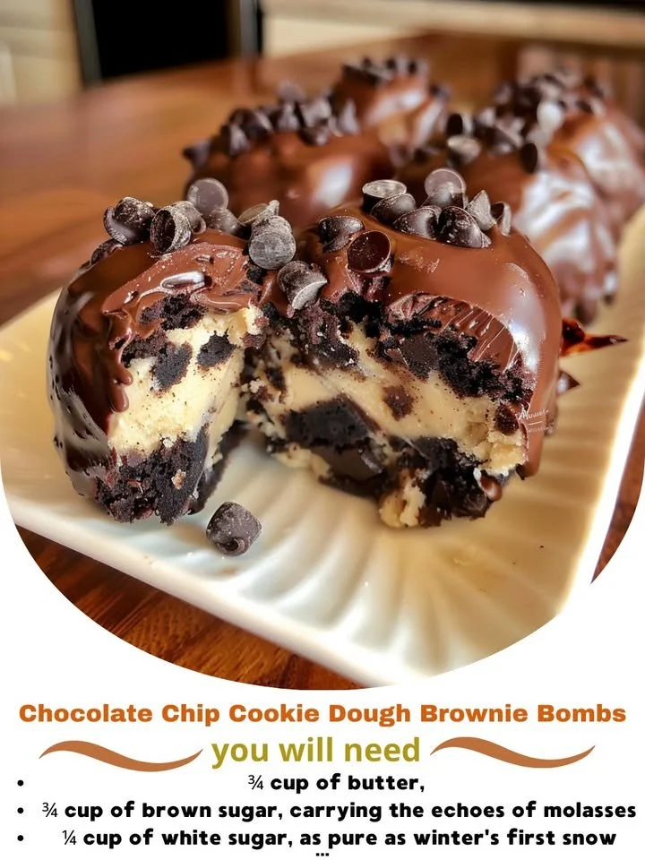 Chocolate Chip Cookie Dough Brownie Bombs topped with chocolate drizzle