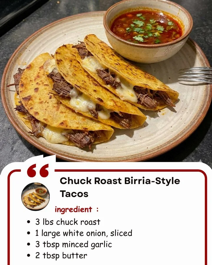 Delicious Chuck Roast Birria-Style Tacos served with toppings and consomé.