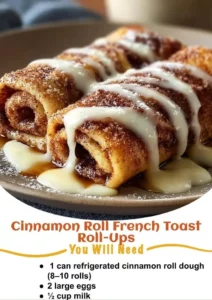 Cinnamon Roll French Toast Roll-Ups drizzled with icing on a white plate