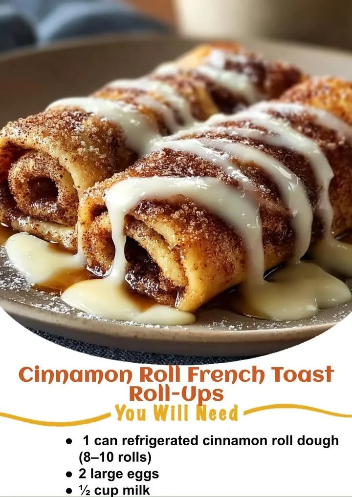 Cinnamon Roll French Toast Roll-Ups drizzled with icing on a white plate