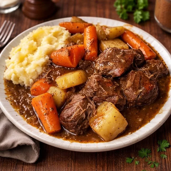 Classic beef pot roast with fresh vegetables in a serving dish.