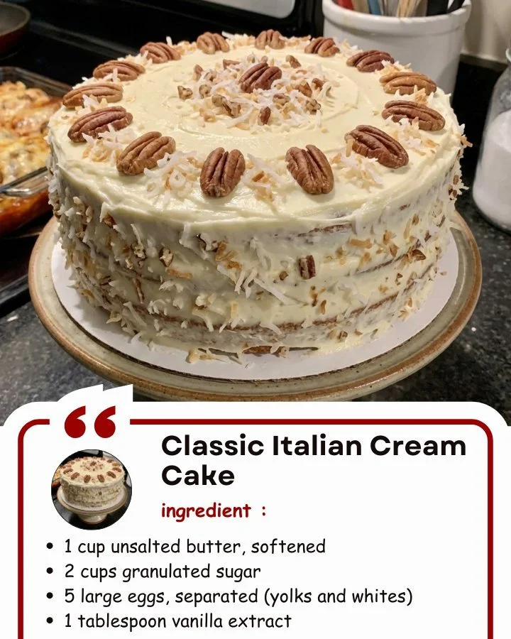 A slice of Classic Italian Cream Cake with cream icing and coconut topping.