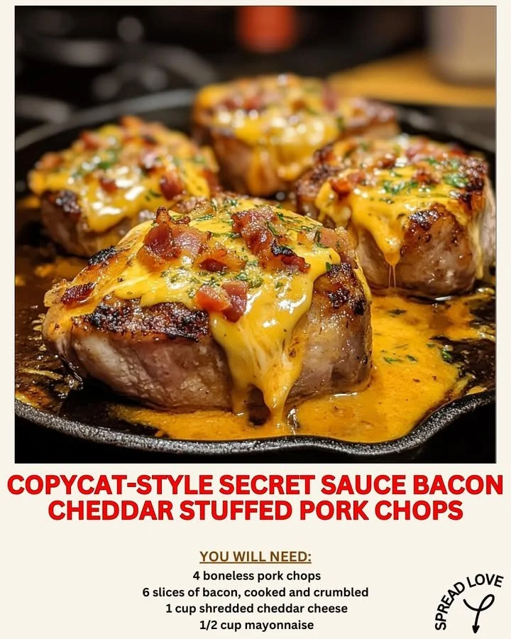 Bacon cheddar stuffed pork chops with secret sauce served on a plate.