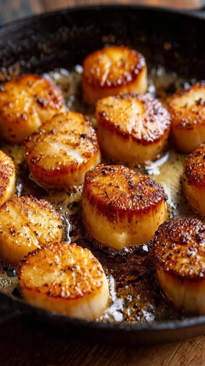 Delicious Cowboy Butter Scallops served on a plate with herbs