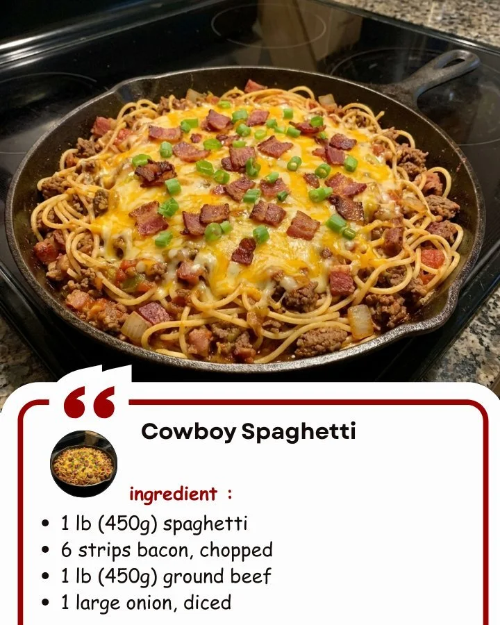 Serving of Cowboy Spaghetti garnished with parsley in a rustic setting.