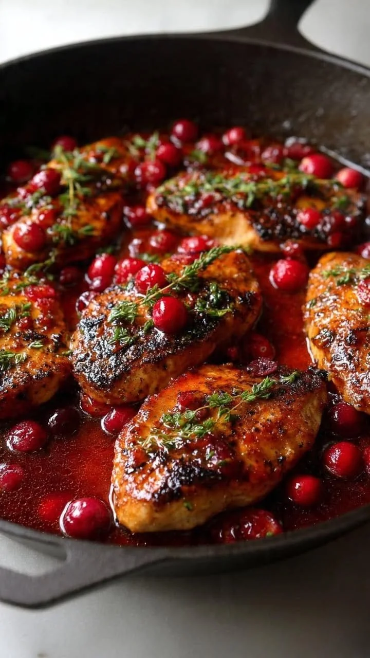 Juicy cranberry orange chicken breasts garnished with fresh herbs
