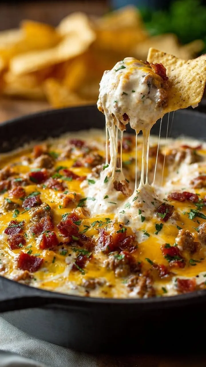Delicious creamy bacon cheeseburger dip served in a dish