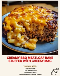 Creamy BBQ meatloaf bake stuffed with cheesy macaroni