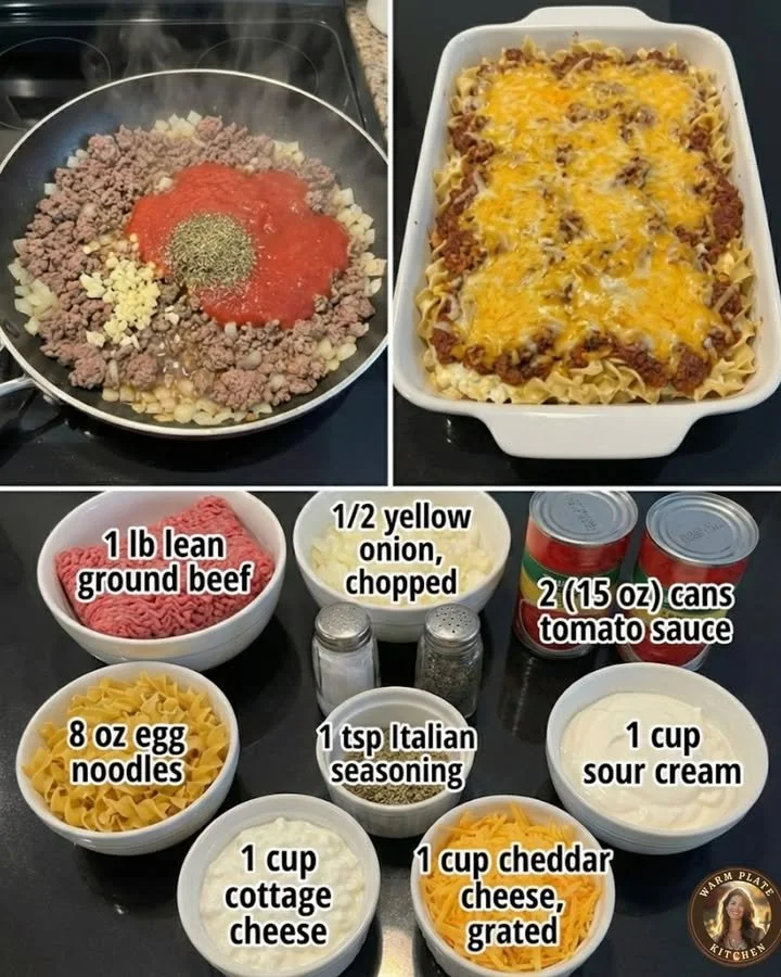 Creamy beef noodle casserole topped with cheese and herbs