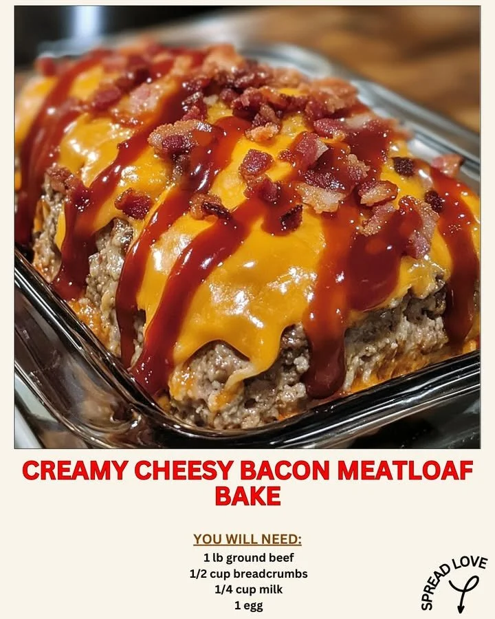 Creamy cheesy bacon meatloaf bake served on a plate with garnish