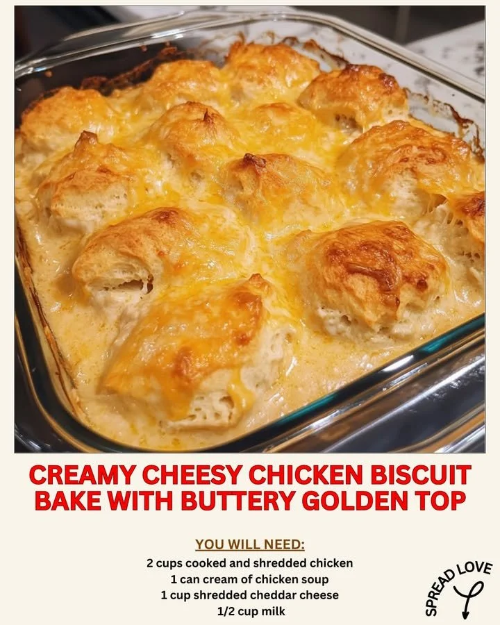 Creamy cheesy chicken biscuit bake with a golden buttery topping