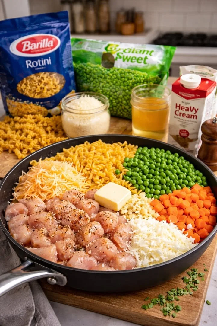 Creamy chicken pot pie pasta bake garnished with fresh herbs in a baking dish