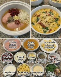 Bowl of creamy chicken tortellini soup with fresh herbs