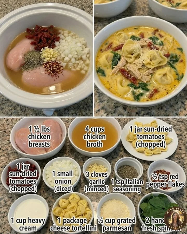 Bowl of creamy chicken tortellini soup with fresh herbs