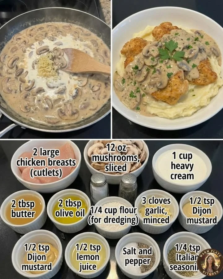 Plate of creamy mushroom chicken garnished with herbs and served with vegetables