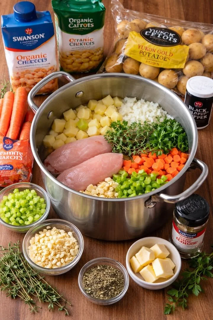 Bowl of creamy potato soup topped with herbs and served with bread