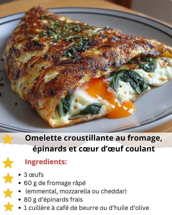 Crispy cheese omelette with spinach and runny egg yolk on a plate