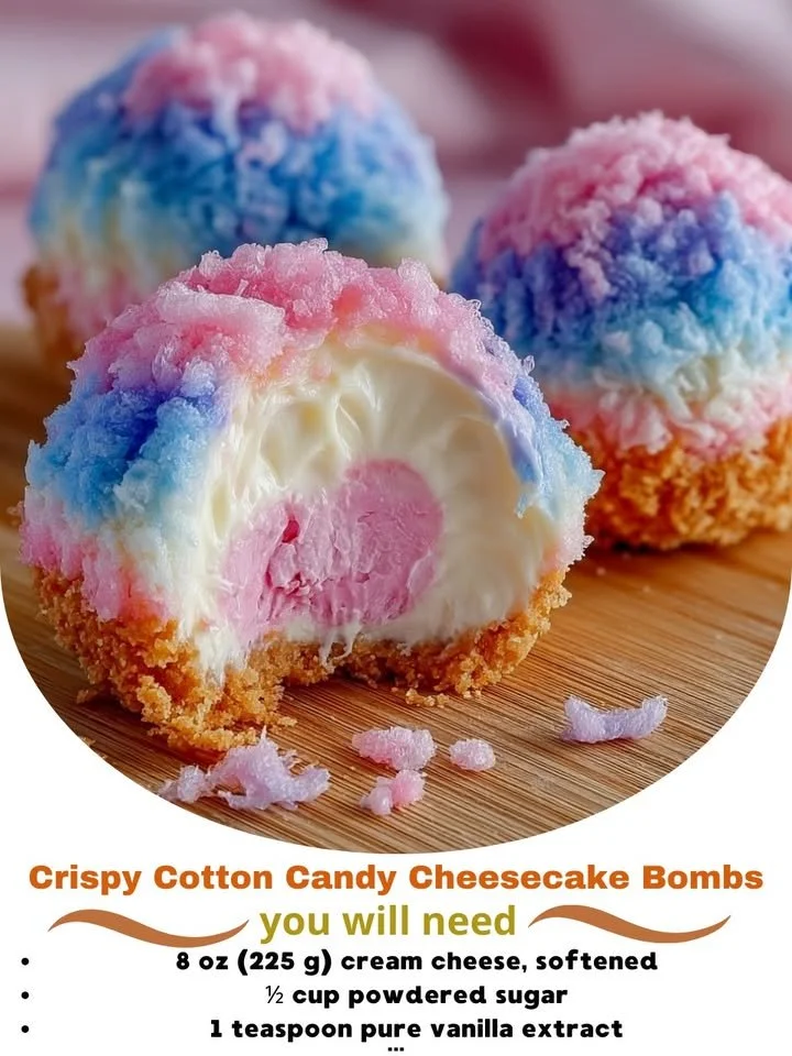 Crispy Cotton Candy Cheesecake Bombs topped with colorful candy floss