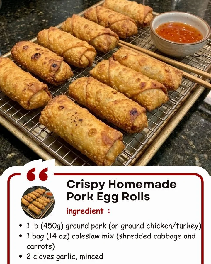 Crispy homemade pork egg rolls with dipping sauce served on a plate