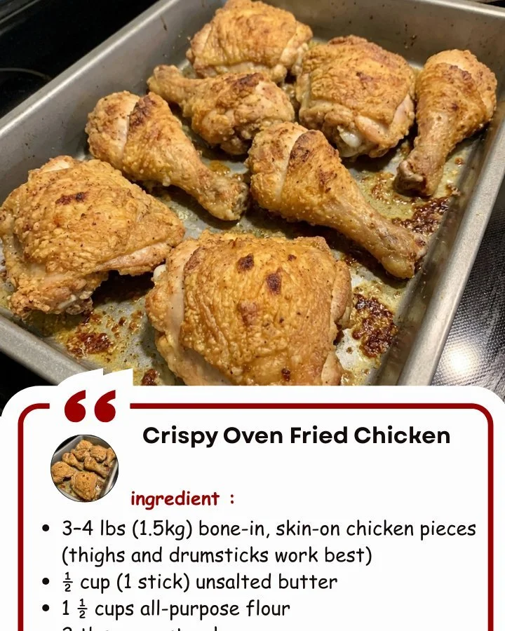 Crispy oven fried chicken served on a plate with herbs