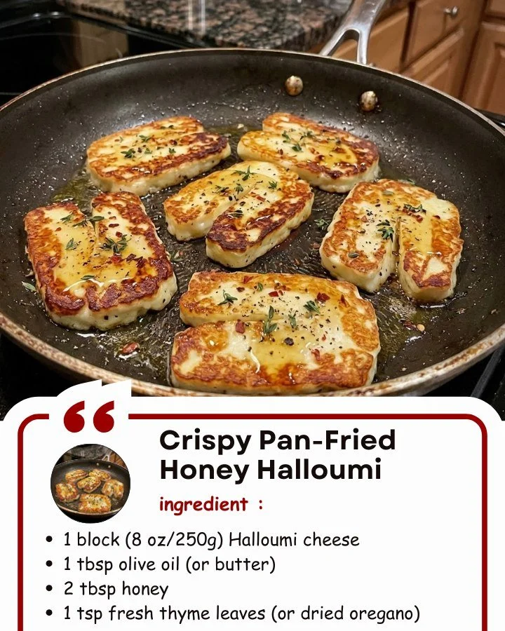 Crispy pan-fried honey halloumi served on a plate with garnishes.