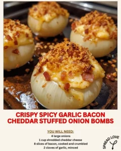 Crispy spicy garlic bacon cheddar stuffed onion bombs ready to be served.