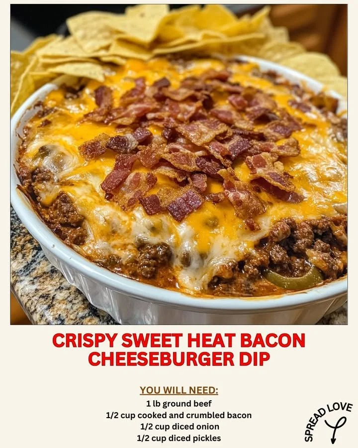 Crispy Sweet Heat Bacon Cheeseburger Dip served in a bowl with toppings