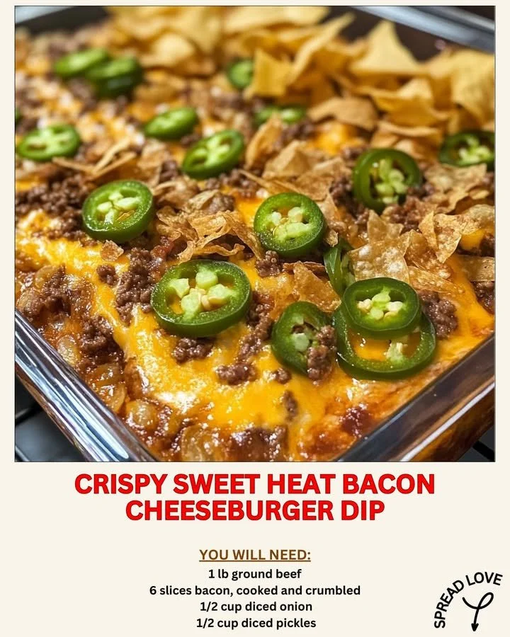 Crispy Sweet Heat Bacon Cheeseburger Dip served in a bowl with toppings